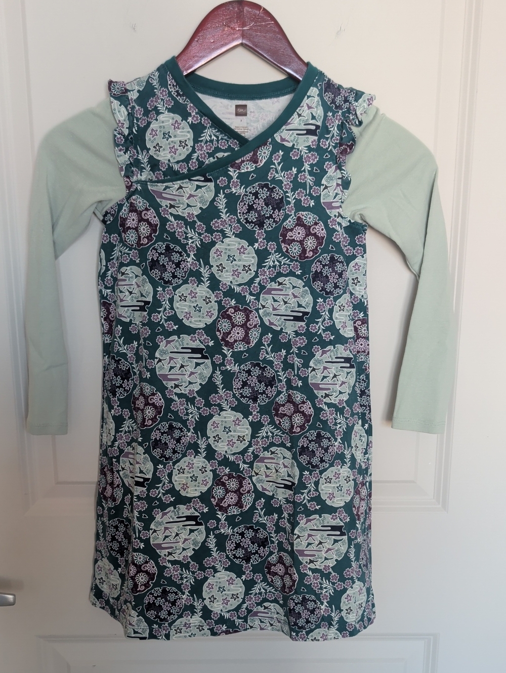 Tea Collection Girls' Teal and Mint Floral Print Long Sleeve Dress